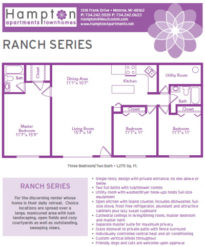 Hampton Apartments Ranch Series 3 Bedroom Floorplan