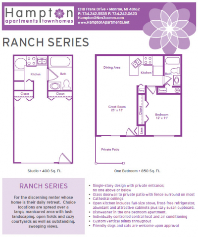 Hampton Apartments Ranch Series Studio & 1 Bedroom Floorplan